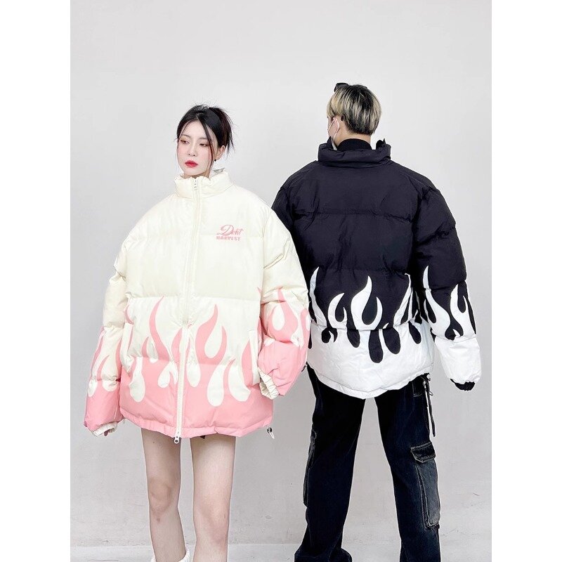 남성용 플레임 프린트 패딩 재킷, 겨울 스트리트웨어, 느슨한 드로스트링 밑단, 긴 소매 스탠드 칼라, 두껍고 따뜻한 퀼트 아웃웨어