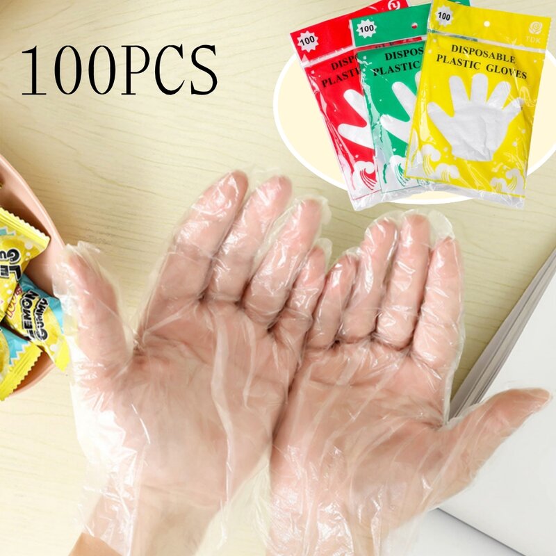Luvas plásticas transparentes descartáveis, impermeável, resistente, produto comestível, cozinha, 100 PCes