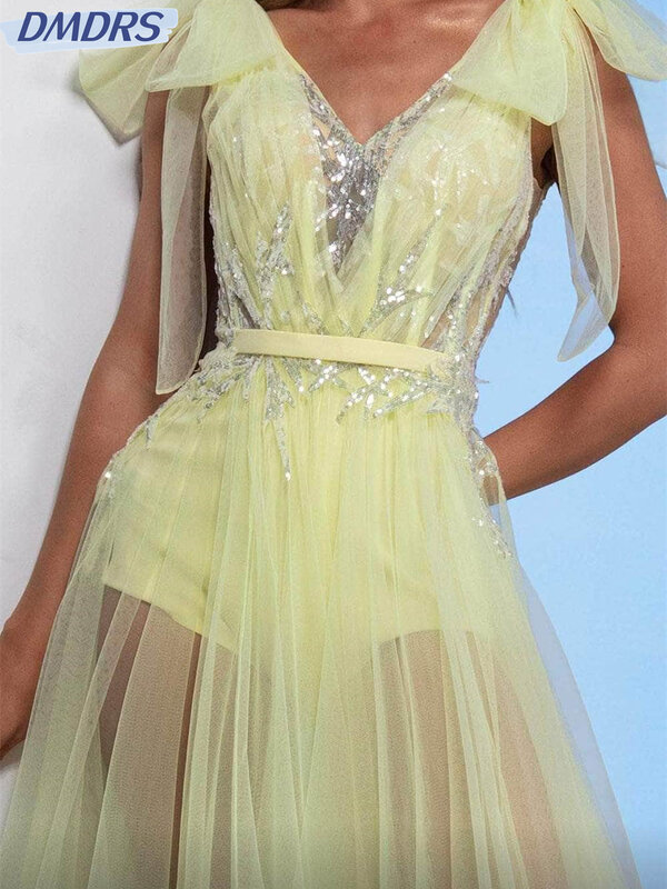 Gaun Prom A-Line lengan pendek berkilau gaun malam seksi 2024 gaun panjang Lantai Tulle menawan gaun pengantin wanita