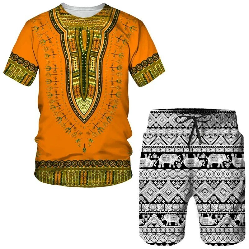 Najnowszy dres męski Afrykański nadruk Damskie męskie koszulki Zestawy Afryka Dashiki Vintage Topy Sport i rekreacja Letni garnitur męski