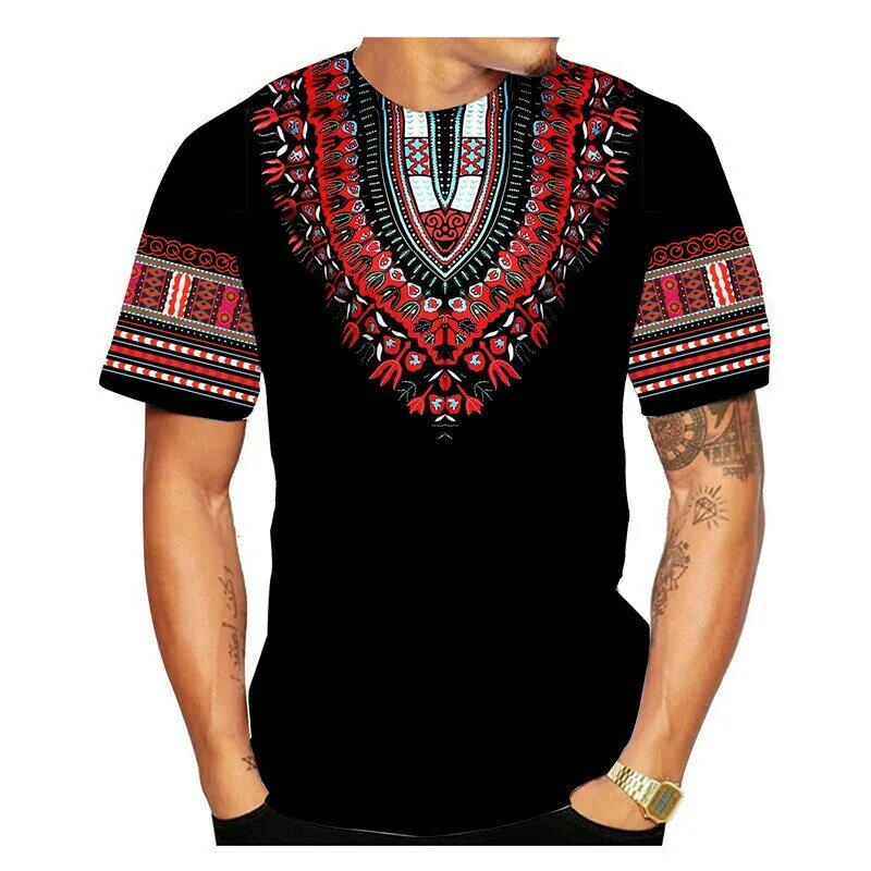 아프리카 민족 패턴 느슨한 새로운 여름 남성 티셔츠 라운드 넥 셔츠 3D 인쇄 빈티지 민족 드레스 티셔츠