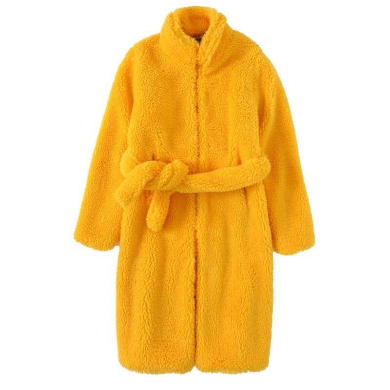 S-3XL 여성용 인조 모피 루즈 플러시 코트, 따뜻한 스탠드 업 칼라 벨트 장식 의류, 가을 겨울
