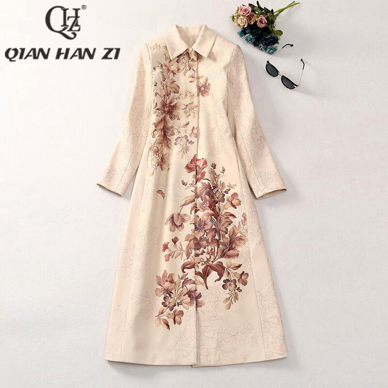 QHZ designer printed fashion trench coat woman Lapel long sleeves High slit slim flower Luxury Vintage Long coat