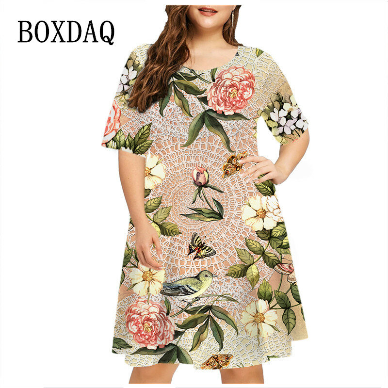 6XL Plus Size Sundress Plant Flowers 3D Print Loose Dress Women Short Sleeve Summer Casual A-Line Dress Ladies Party Vestidos