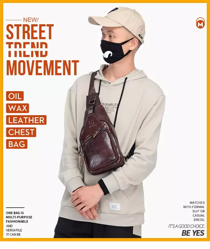Men's Chest Bag Large Capacity Soft Genuine Cowhide Leather Casual Waterproof Sports Crossbody Bag