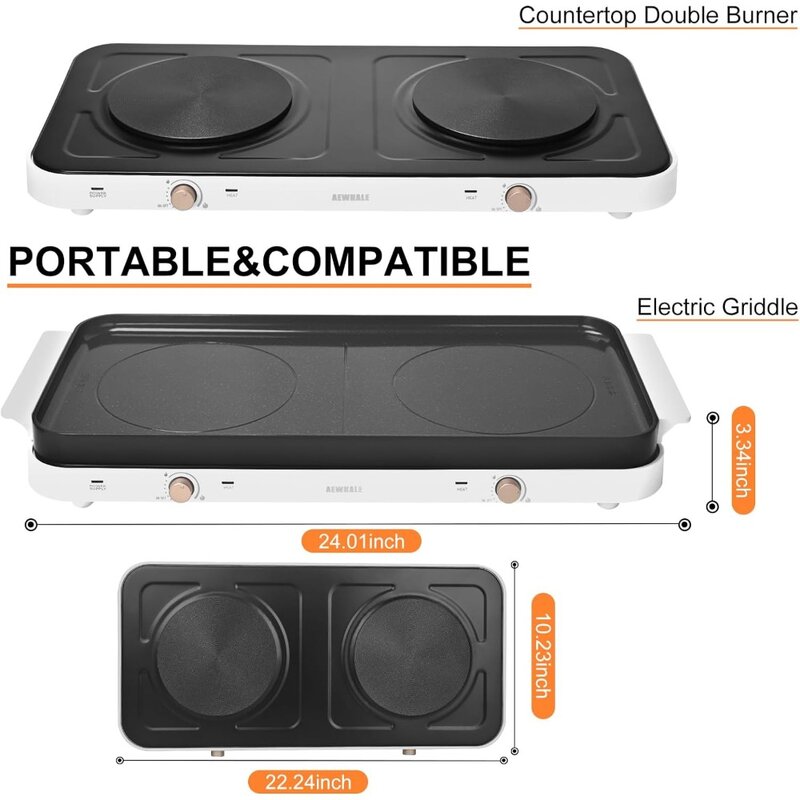2 Cooking Zone with Adjustable Temperature,1800W Electric Hot Plate with Removable Griddle Pan Non-stick