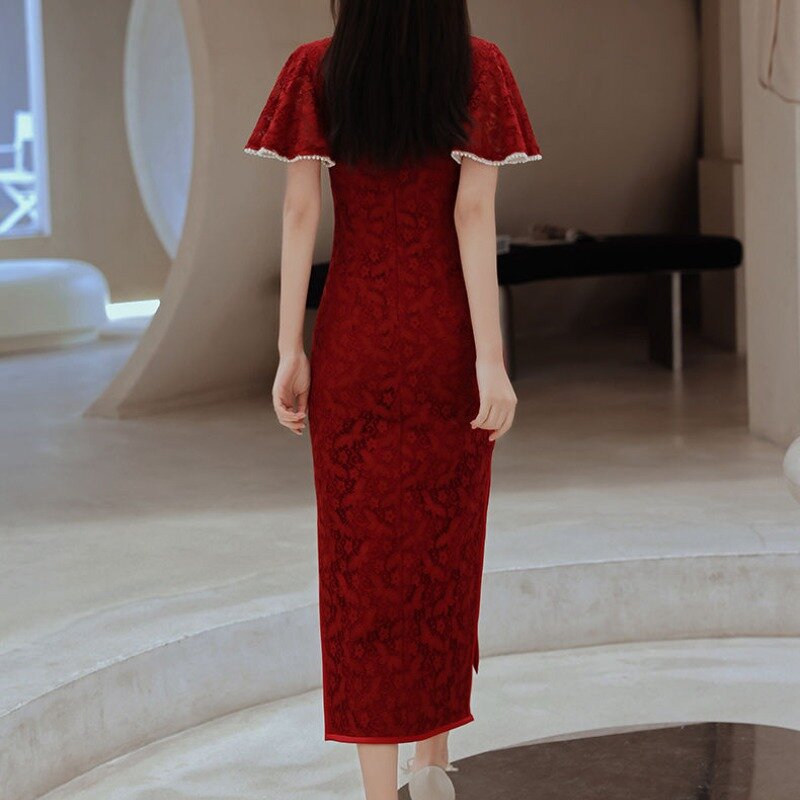 Robe chinoise Cheongsam en dentelle mince pour la mariée, petite robe asiatique Qipao, peut être portée en été, nouveau style, 2021