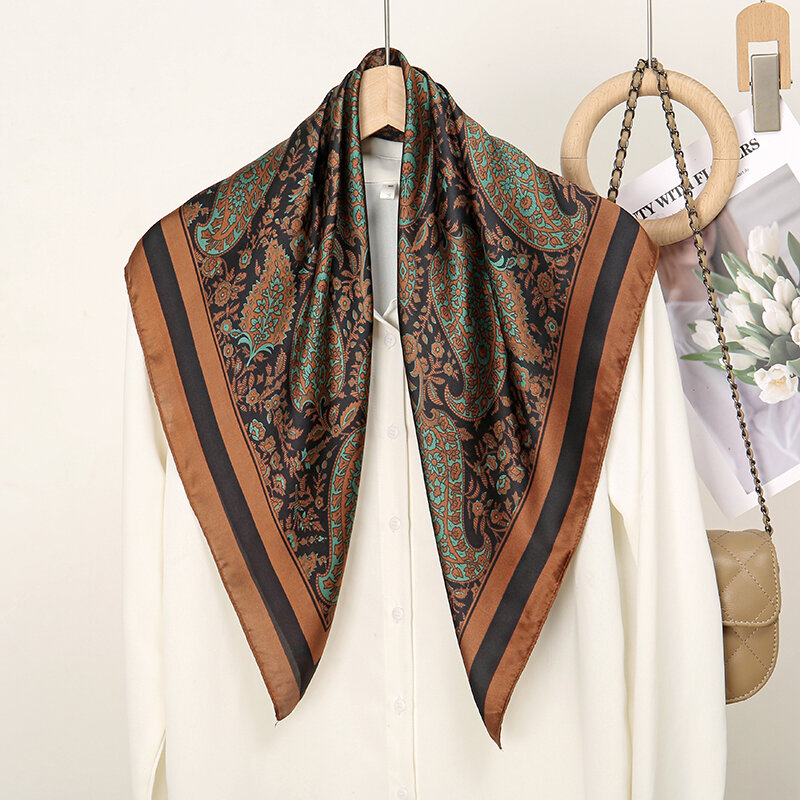 Lenço quadrado de seda para mulheres, envoltório de cetim, hijab feminino, faixa de cabelo, lenço de luxo do pulso, bandana, design, 70x70cm