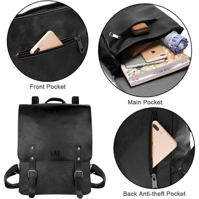 Bookbag for Women Men, Black Faux Leather Backpack Purse Bookbag Weekend Travel Daypack
