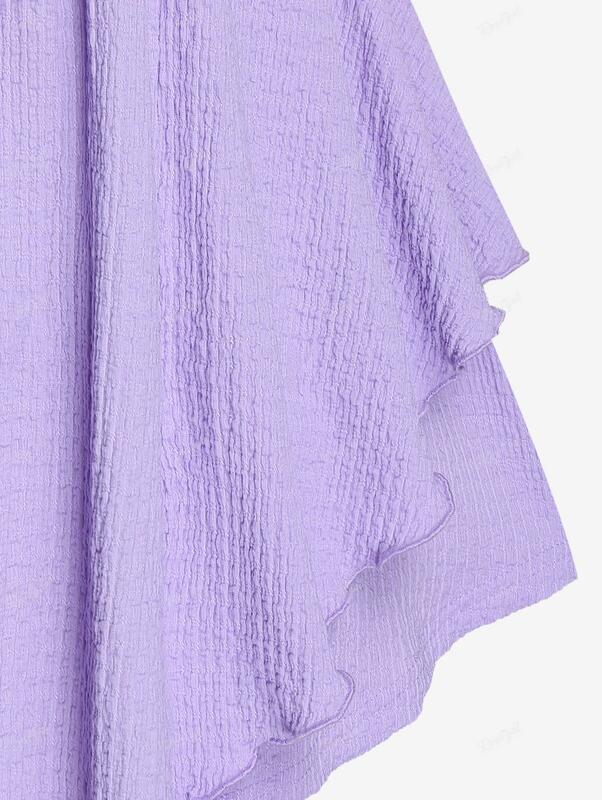 ROSEGAL Plus Size T-Shirts Lace-up Lettuce Double Layered Frilled Textured Tee Light Purple Fashion V Neck Tops For Women Blouse