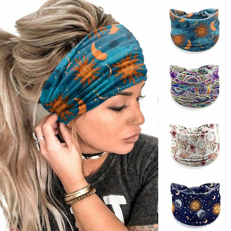 Vintage Knot Wide Headbands New Boho Elastic Soft Bandana Flower Print Star Printed Turban Girls