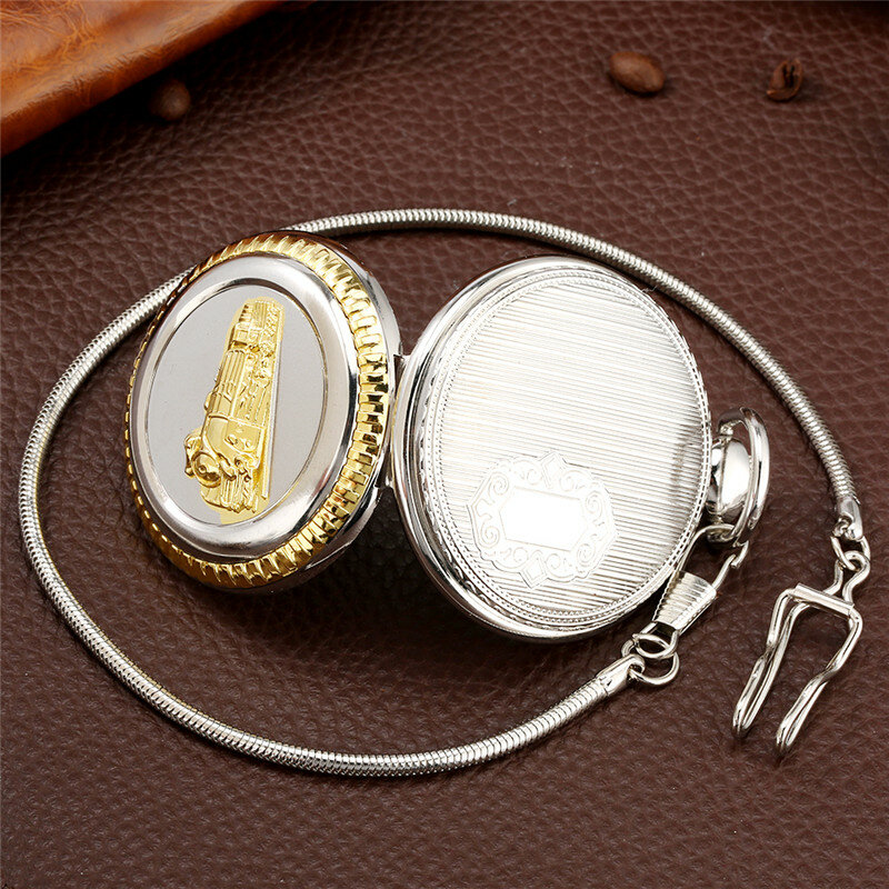 Reloj de lujo dorado con cubierta de tren de vapor para hombres y mujeres, reloj de exhibición con números romanos, locomotora, cadena colgante de cuarzo con reloj de bolsillo, regalo