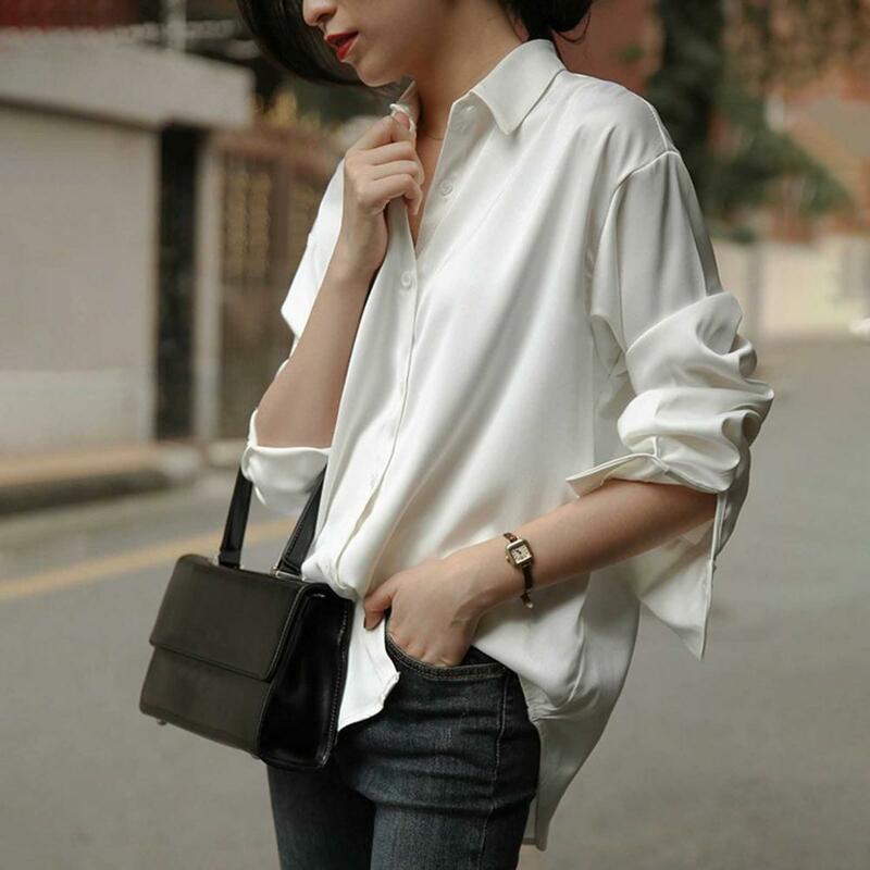 Camisa de satén con botones para mujer, blusa Vintage blanca de manga larga para mujer, camisas de calle sueltas para mujer, moda de otoño