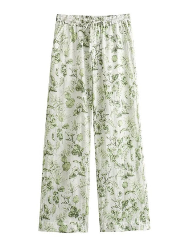2024 New Women Summer Straight Pants Vintage Print Drawstring Bow Female ELegant Street Trousers Clothing