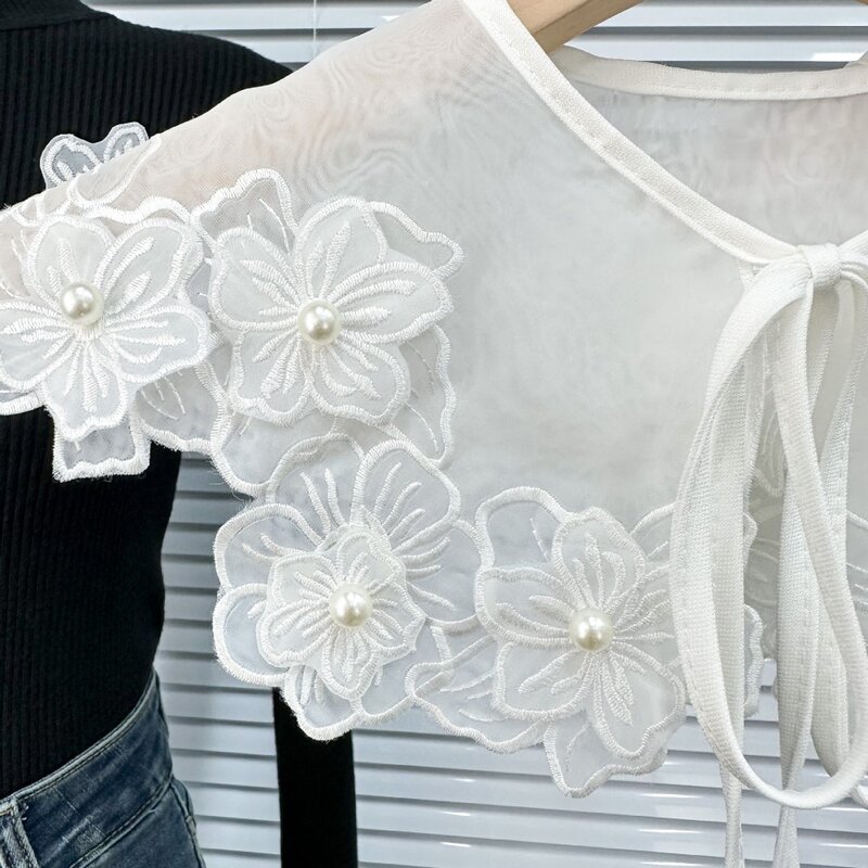 Aksesori pakaian kerah palsu kerah renda wanita bordir Organza baju lepas pasang selendang renda putih