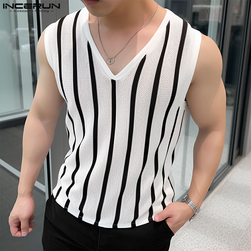 2024 Men Tank Tops Striped V Neck Sleeveless Transparent Casual Male Vests Summer Streetwear Fashion Men Clothing S-5XL INCERUN