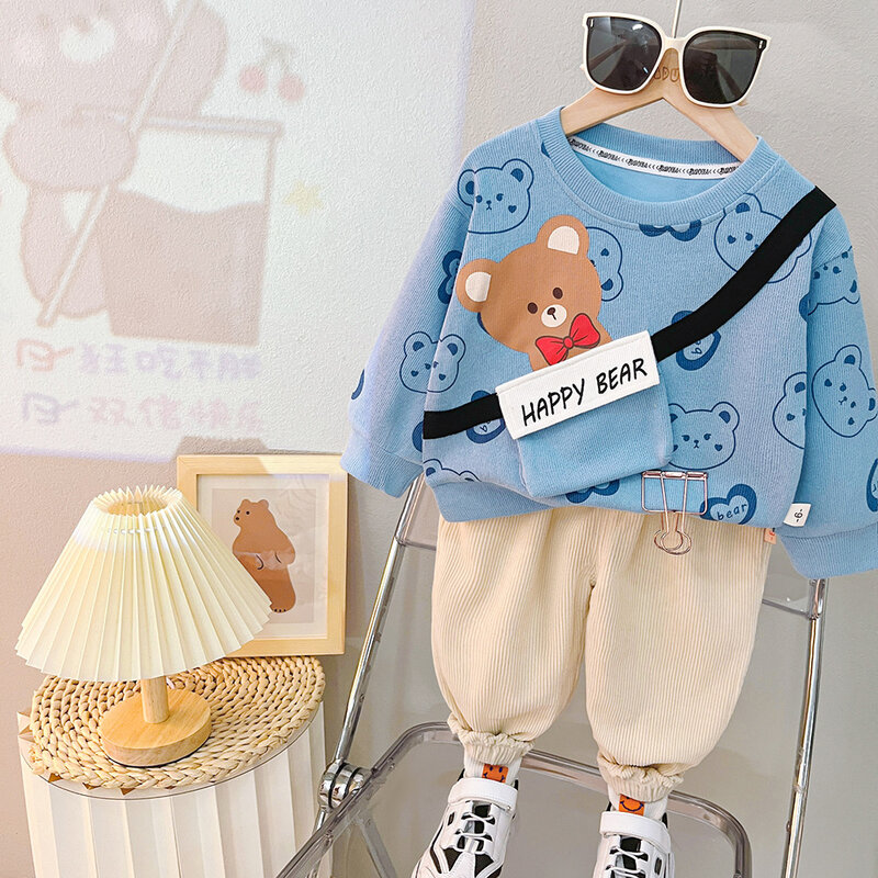 Детский костюм из двух предметов, Повседневный свитер с длинным рукавом и мультяшным принтом для мальчиков и девочек на весну и осень, 2024