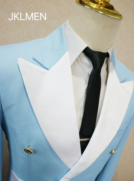 Kostiumy Pour Hommes jasnoniebieskie spodnie dla palących kurtki złote guziki Smoking na imprezę sukienka dwurzędowa garnitury męskie dla pana młodego