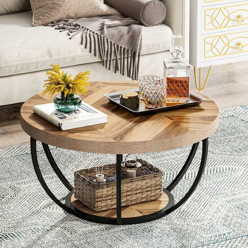 Tridends-mesa de centro redonda, mesa de centro de 2 camadas com prateleiras, guia central moderna de madeira, 37/7 polegadas