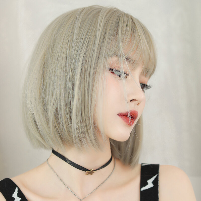 7JHH WIGS Short Straight Beige Bob Wig for Women High Density Synthetic Ash Platinum Hair Wigs with Air Bangs Beginner Friendly