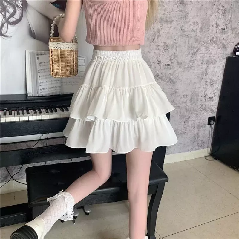 Плиссированная трапециевидная юбка, белая женская Милая юбка с оборками в стиле преппи, эластичная талия, тонкая, простая, летняя, оптовая продажа