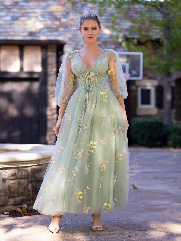 Gaun Prom bordir Sweetheart gaun pesta malam Formal Midi korset Floral lengan Puff Tulle hijau panjang A Line untuk wanita