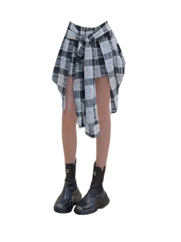 여성용 아메리칸 스타일 패션 격자 무늬 붕대 비대칭 스커트, 섹시한 슬림 하이 웨이스트 미니 A 라인 스커트, 여름 새로운 고급 디자인