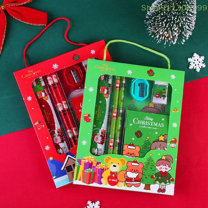 6 buah Set alat tulis Natal penghapus rautan pensil Set penggaris hadiah untuk anak-anak sekolah kantor menulis perlengkapan untuk anak-anak hadiah