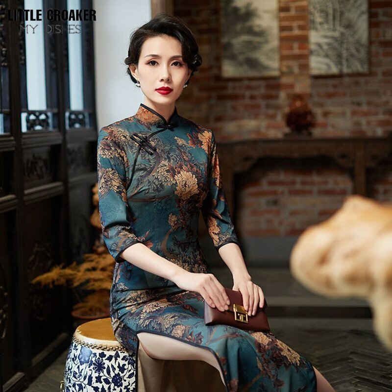 여성용 치파오 롱 드레스, 중국 2023 치노아제리, 가을 치파오 수정 치파오, 긴 수정 빈티지, 신상