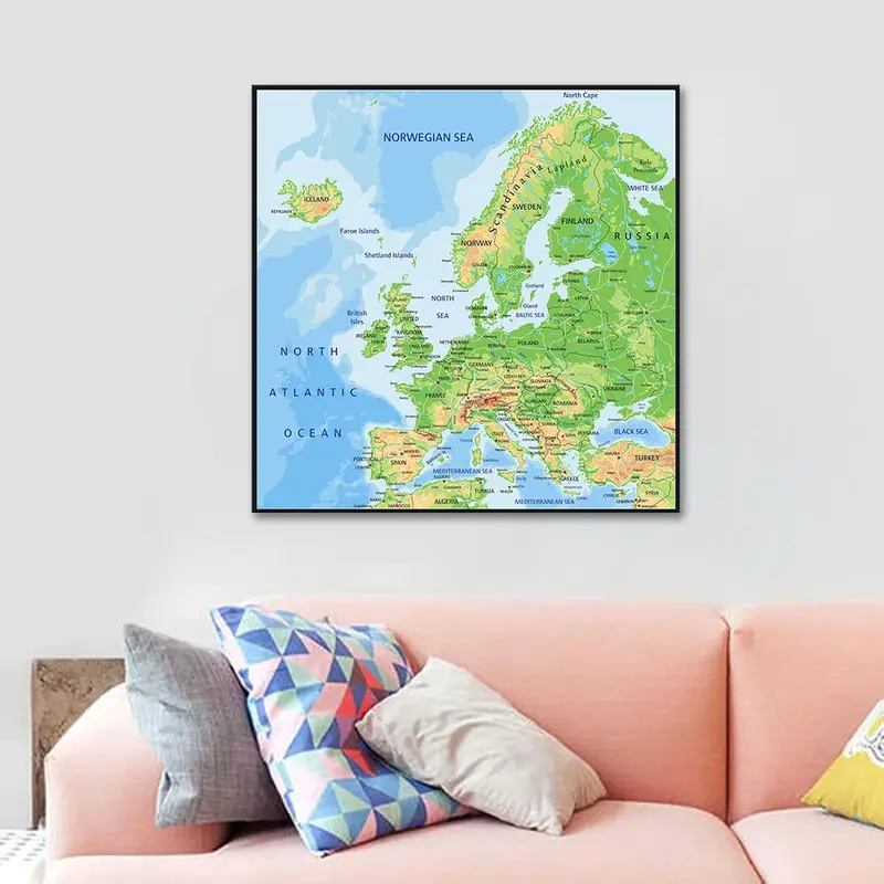 Peinture sur Toile de la Carte Orographique de l'Europe, Affiche d'Art Mural, Décoration de la Maison, Fournitures Scolaires pour Enfants, 60x60cm