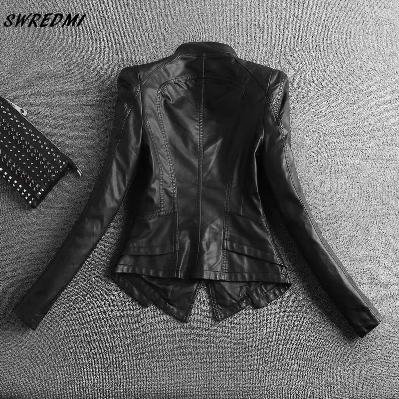 SWREDMI-Veste en cuir pour femme, slim, décontractée, col mandarin, court, noir, printemps et automne, 2024