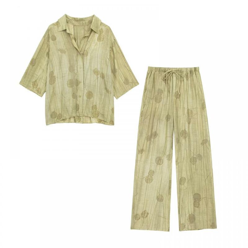 Женский пижамный комплект в стиле бохо, свободная рубашка с V-образным вырезом, рукавом до локтя, широкими штанинами, высокой талией и винтажным цветочным принтом, лето 2024
