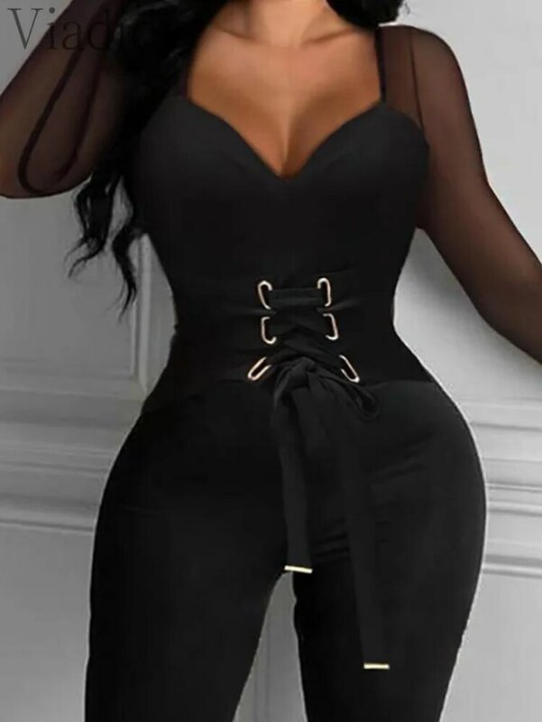 Sheer Mesh Patchwork Skinny Long Sleeve Solid Stretchy Bodycon Jumpsuits Women Fashion Lace-up Streetwear Outfits Romper