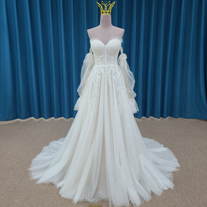Vestido de novia de diseño Popular de princesa para mujer, traje de novia de línea a con cremallera, mangas completas, LSSM016, 2024
