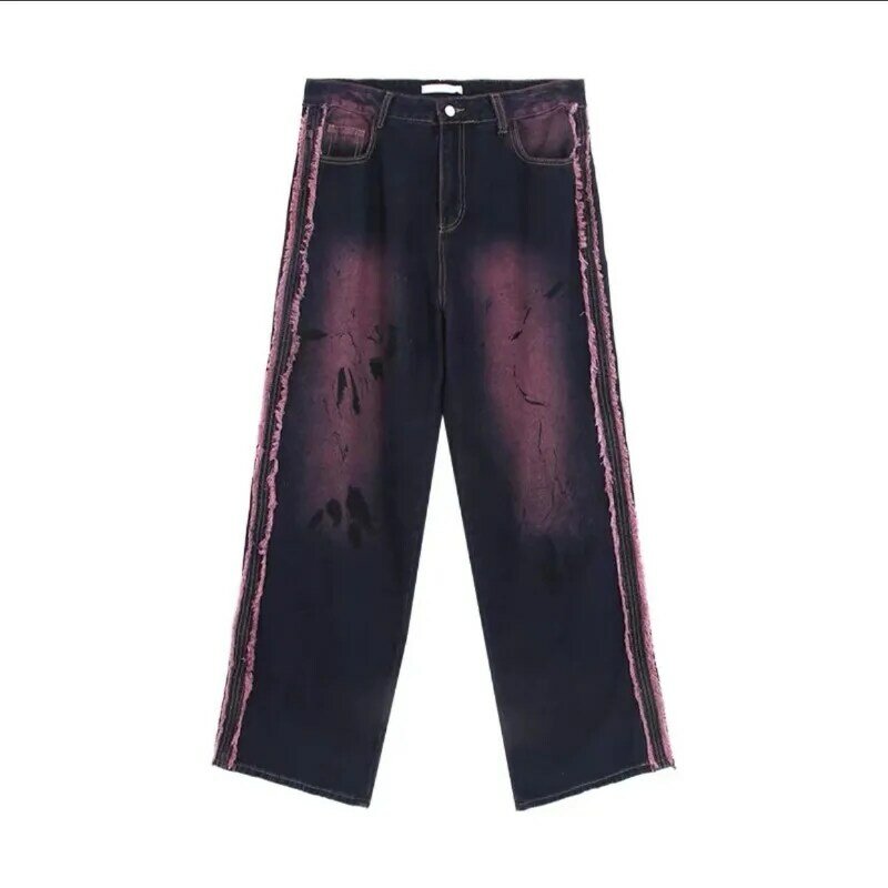 Fashion Wide-leg Pants American Retro Color Washed Splashed Ink Tie-dye Raw Edge Women's Straight-leg Pants Design Loose Trendy