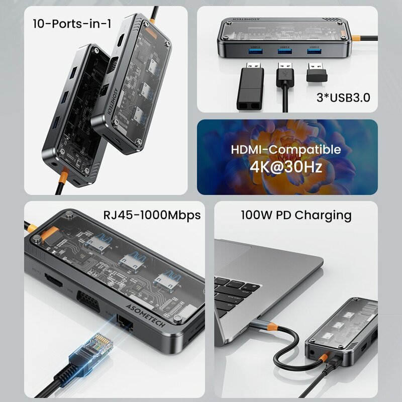 USB C Hub Dock Station, Tipo C para Compatível com HDMI, Porta Ethernet, RJ45, Adaptador PD 100W para Macbook, USB 3.0, Laptop, Tablet, 4K, 5GB