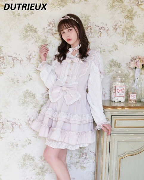 Japanese Style Mass-Produced Lace off-the-Shoulder Dress Spring Summer New Lolita Long Sleeve Bowknot Ribbon Cake Layer Dresses
