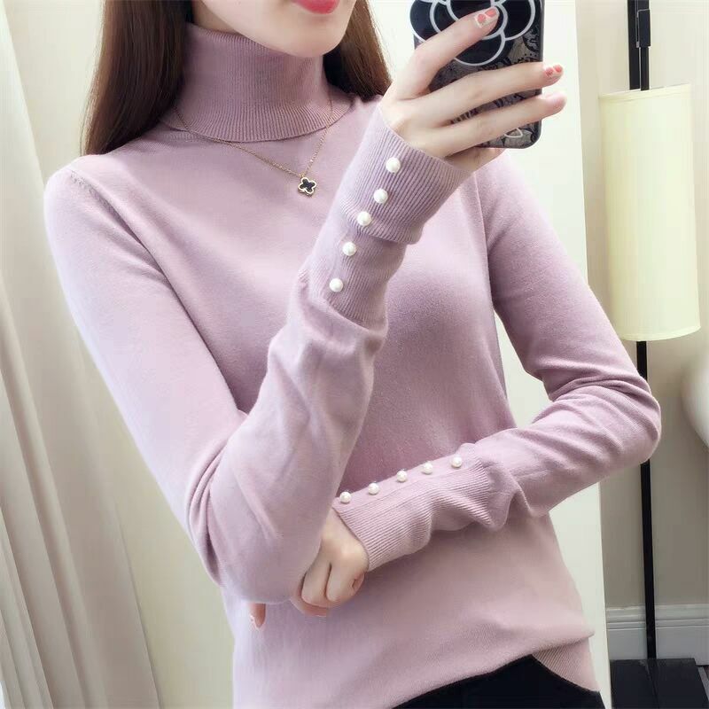 Basic Solid Color Straight Jumpers Female Clothing Casual Turtleneck 2023 Autumn Winter Commute Stylish Beading Knitted Sweaters