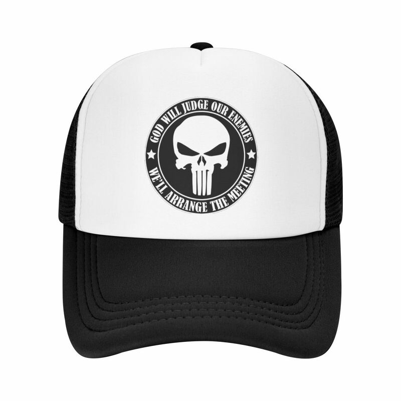 Punk God Will Judge Our Enemies We Will Arrange The Meeting Baseball Cap for Women Men Adjustable Punisher Skeleton Trucker Hat