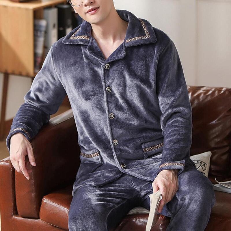 Solid Color Pajamas Men's Winter Pajamas Set with Lapel Thick Buttons Elastic Waist Soft Warm Homewear Top Pants Set for Men