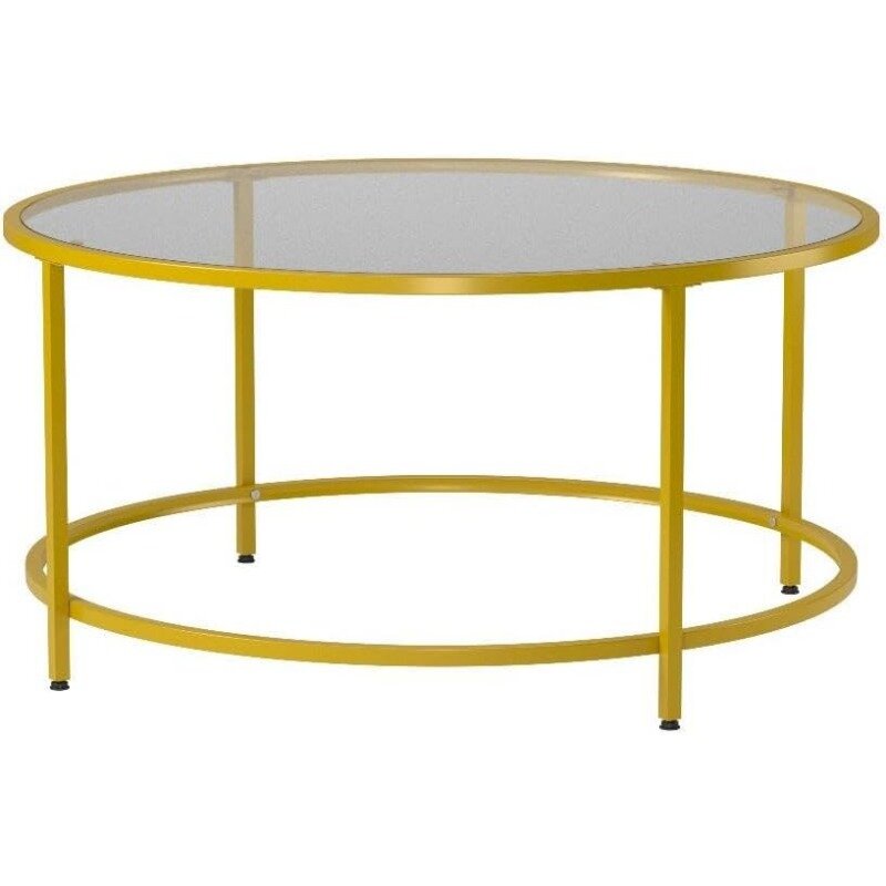 Gold Glass Coffee Table for Living Room, 36" Round Glass Coffee Table with Metal Frame, Circle Coffee Table for Home, Office