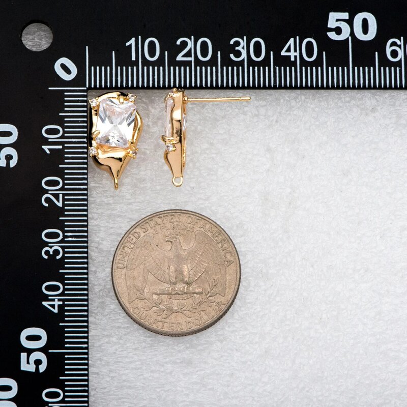 4ชิ้นต่างหูเม็ดกลมผิดปกติ, CZ paved EAR posts 19x11mm, ตะขอต่างหูทองเหลืองชุบทอง (GB-3152)