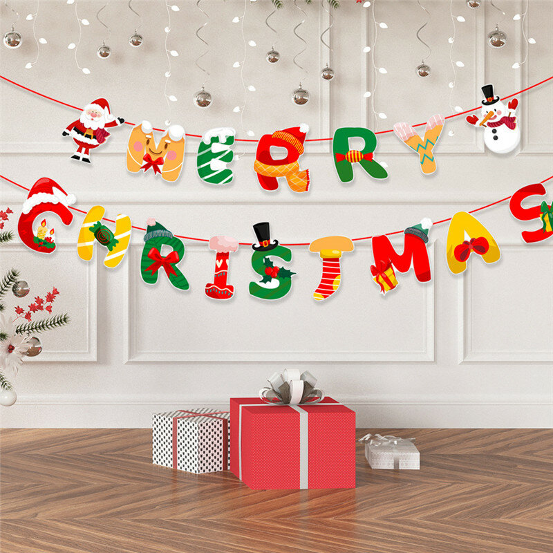 Merry Christmas Paper Banner Garland Hanging Ornaments Pulling Flags Home Party Background Bunting DIY Handmade Toys Xmas Gifts