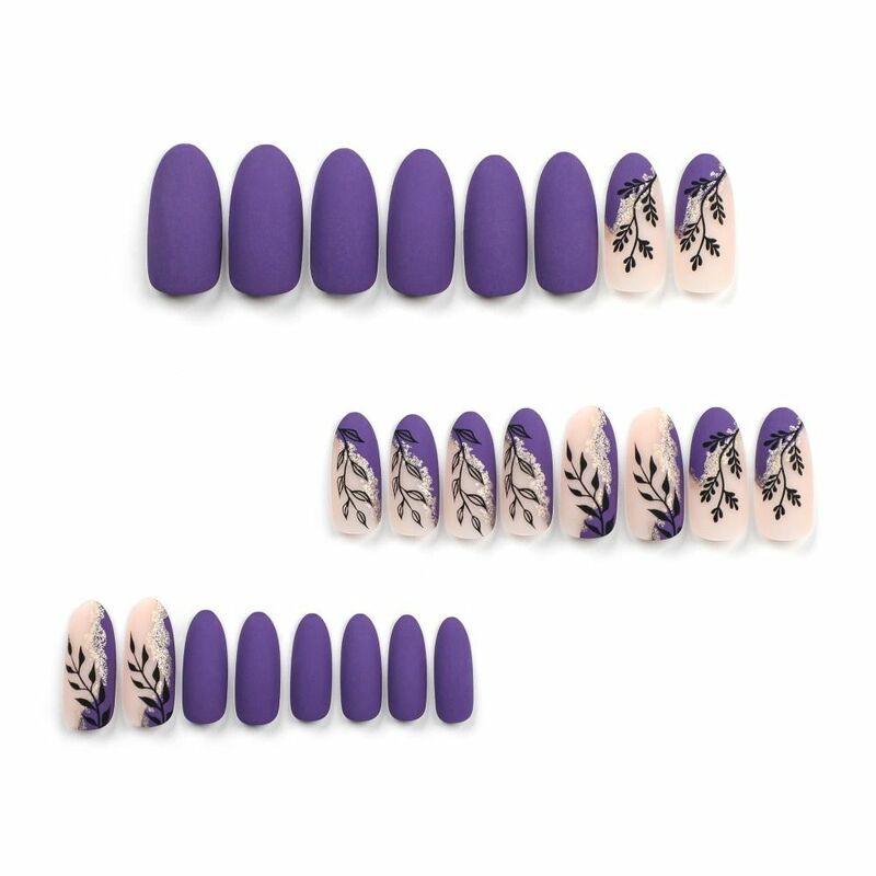 Long Oval False Nails Manicure Gold Glitter French Press on Nails Purple Leaf Detachable Fake Nials Women