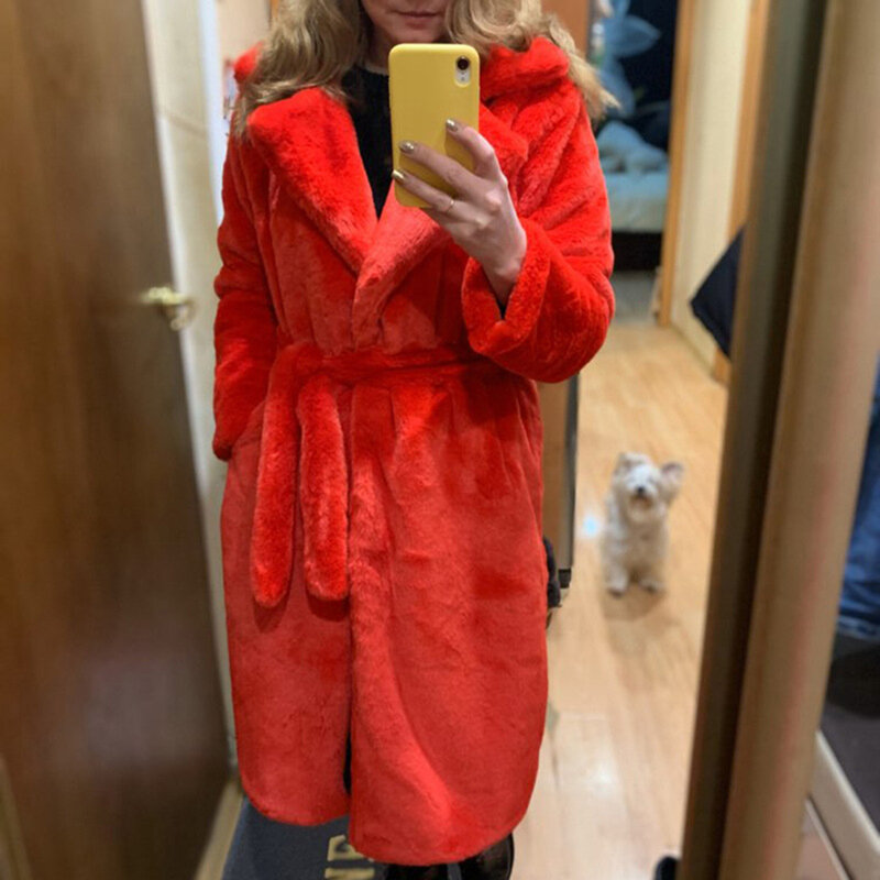 Women Winter High Quality Loose Lapel Thickened Warm Long Artificial Rabbit Fur Coat Long Sleeve  Large Size Ladies Plush Coat
