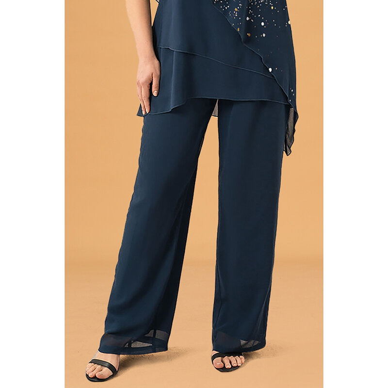 ชุดสูทกางเกงสองชิ้นขากว้างพิมพ์ลายแววผ้าชีฟองสีฟ้าแบบเป็นทางการขนาดพลัสไซส์