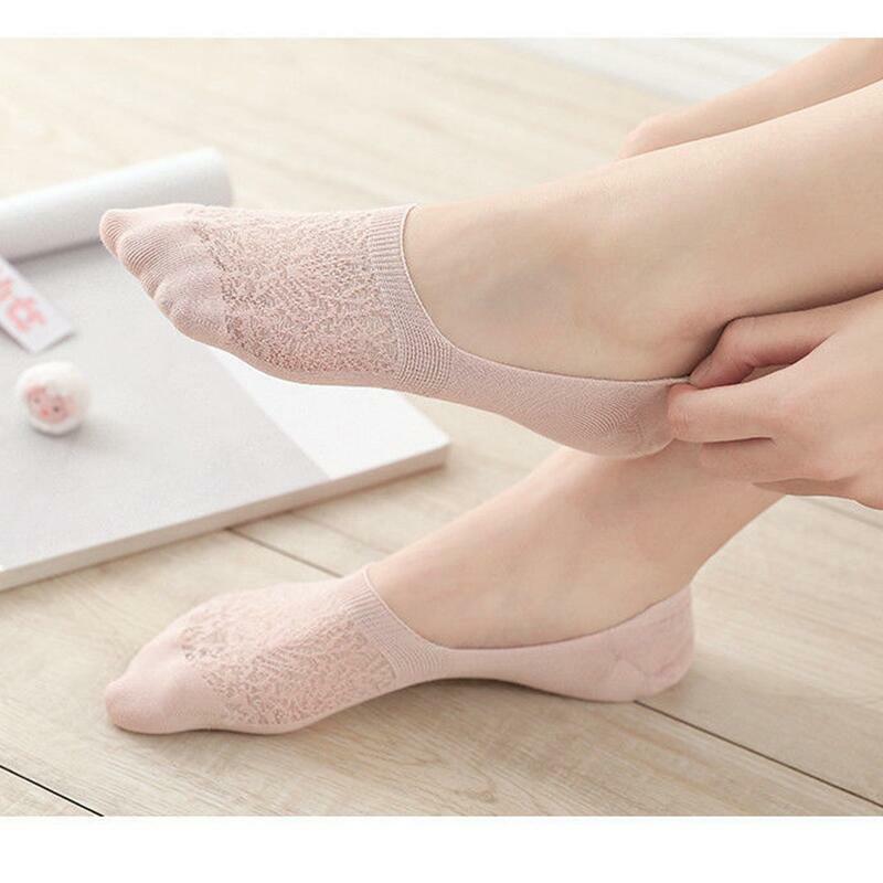 5 Pairs Summer Fashion Thin Women's Socks Silicone Non-slip Pure Color Cotton Short Tube Hollow Shallow Mesh Invisible Socks