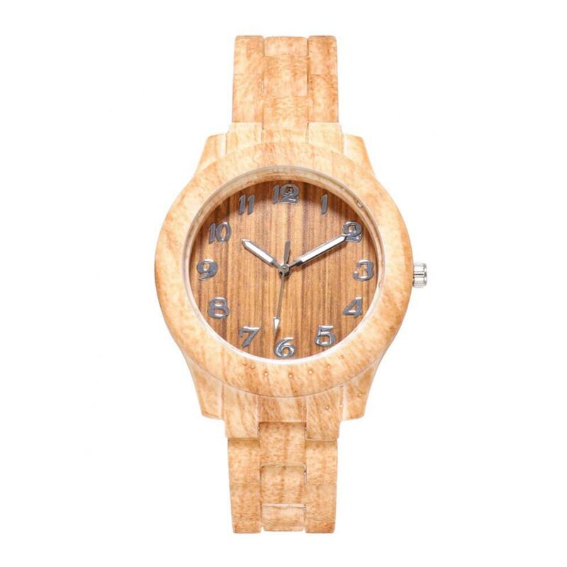 Grão de madeira feminino redondo mostrador quartzo relógio de pulso, número arábico, resina banda, analógico