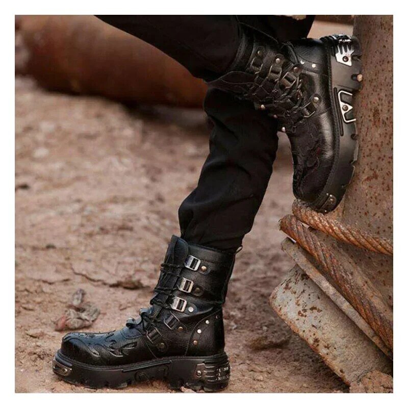 Botas de motocicleta de cuero genuino para hombre, botas de goma con plataforma, botas de combate militares de media pantorrilla, estilo gótico y Punk Retro, moda de invierno 47