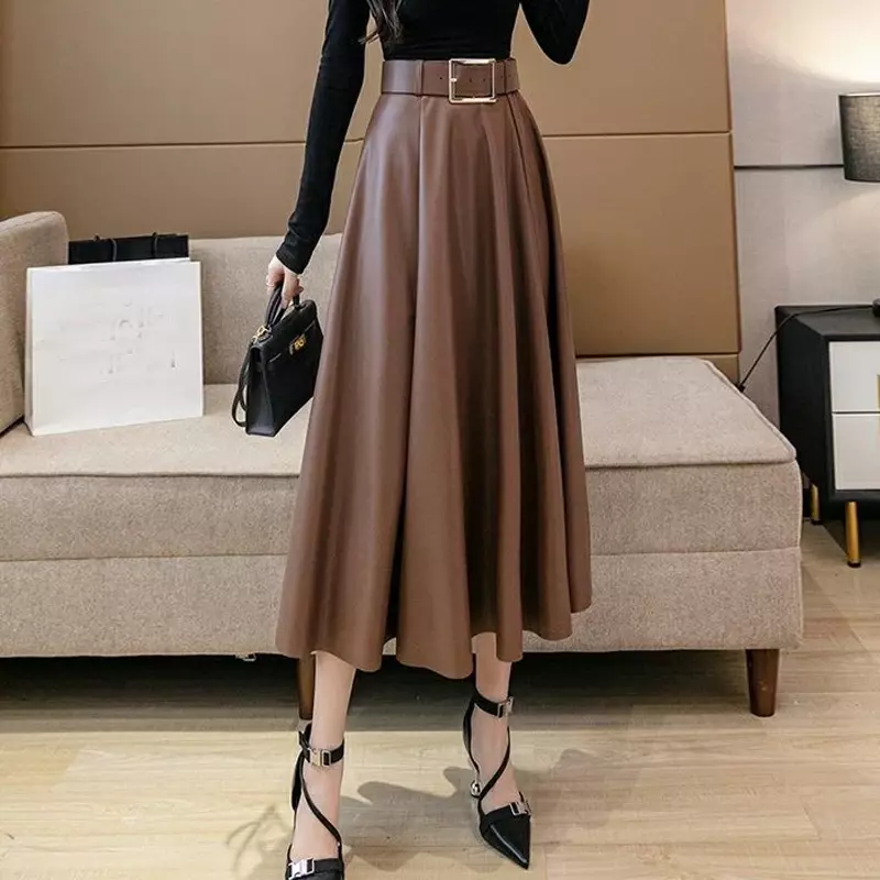 Women Vintage Solid Pu Leather Pleated Elegant Belt Midi Skirt Autumn Winter Fashion High Waist Large Swing A Line Skirts Faldas